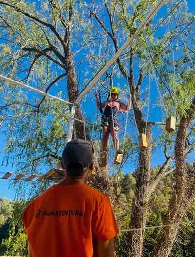 Circuito de cuerdas entre árboles con puentes y tirolinas